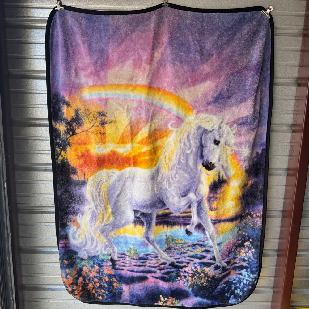 Wild Frontier Unicorn Rainbow Fleece Throw Blanket Purple Fantasy Sunset Plush